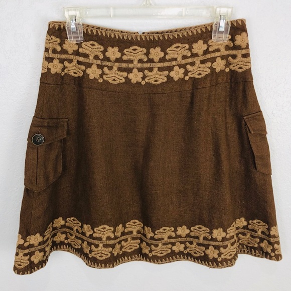 BROWN HIGH WAISTED EMBROIDERED FESTIVAL SKIRT - Picture 1 of 6